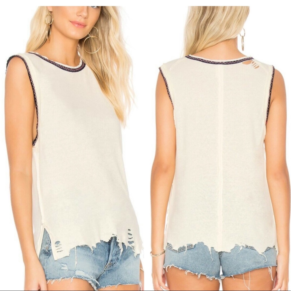 FREE PEOPLE RINGER MUSCLE EMBROIDERED TEE NWT - Picture 1 of 7